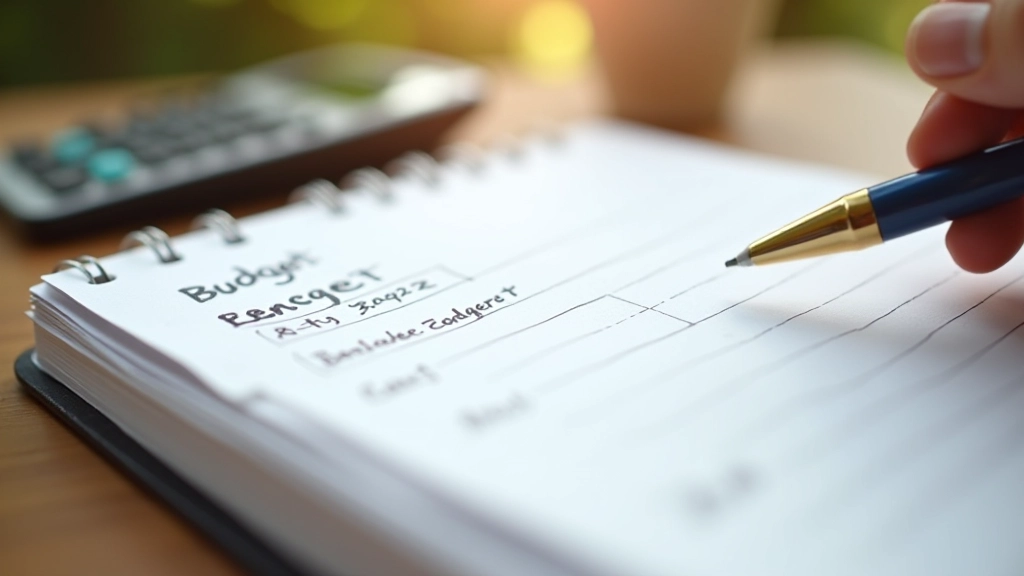 Close-up of notebook with budget categories and handwritten notes, calculator and pen nearby, natural desk lighting