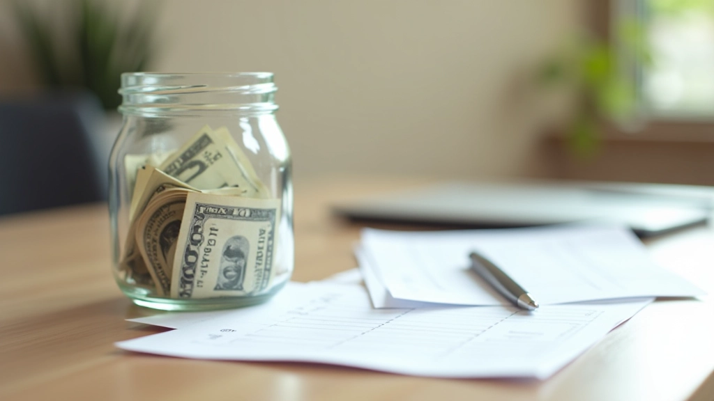 Emergency savings jar with cash next to financial planning documents on table