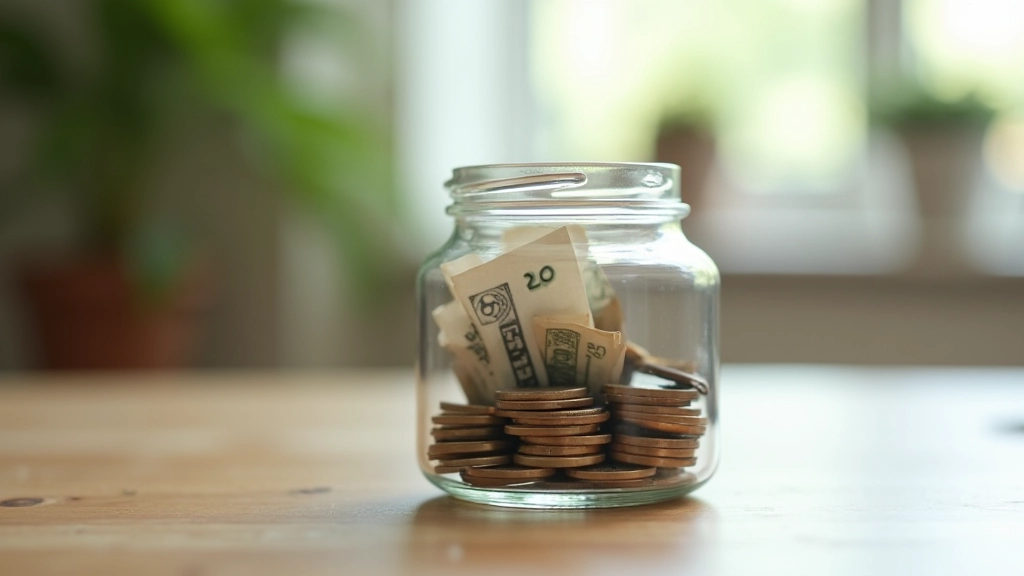 Clear glass jar partially filled with coins and dollar bills showing visible savings progress