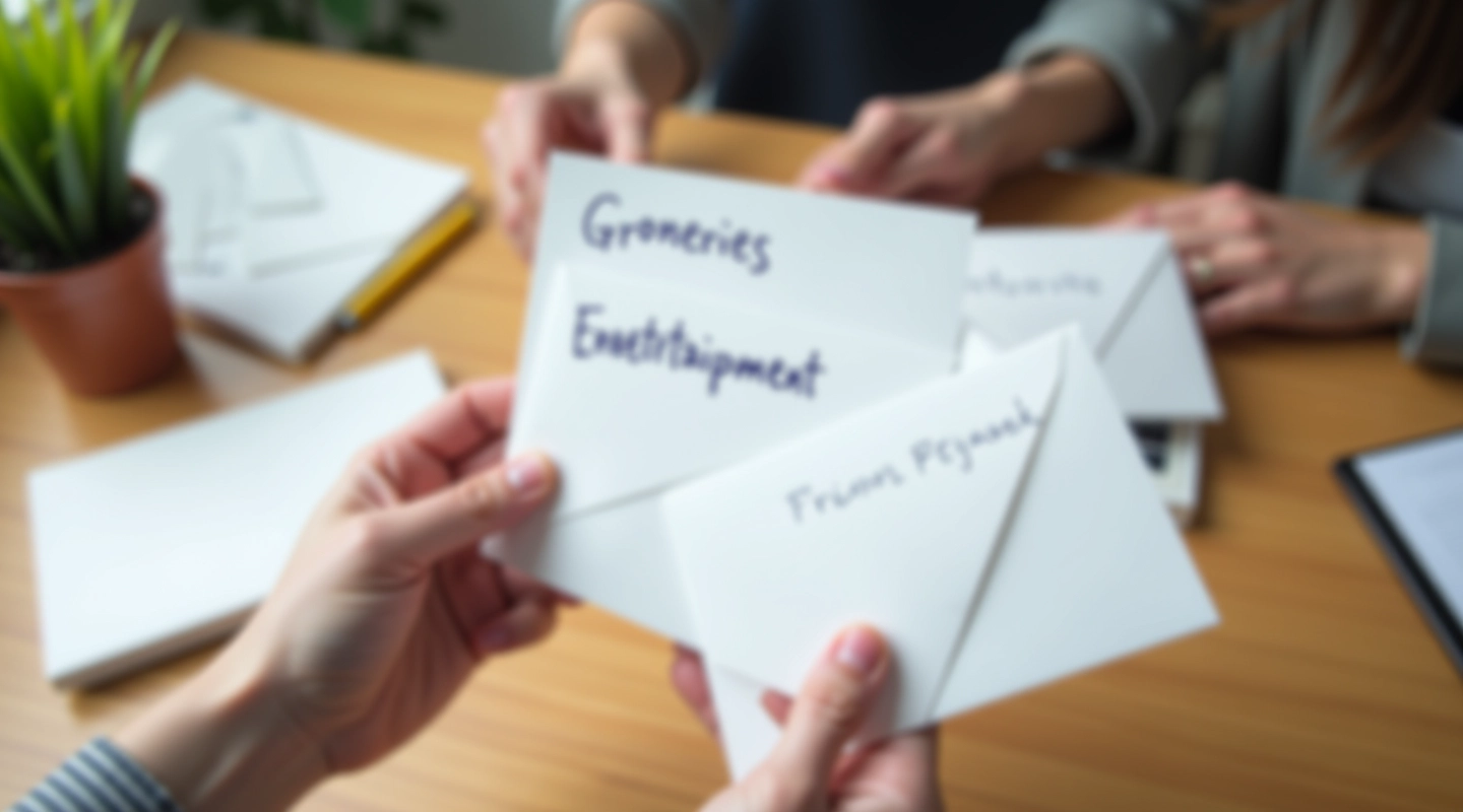 Hands holding cash envelopes labeled with budget categories on a wooden table
