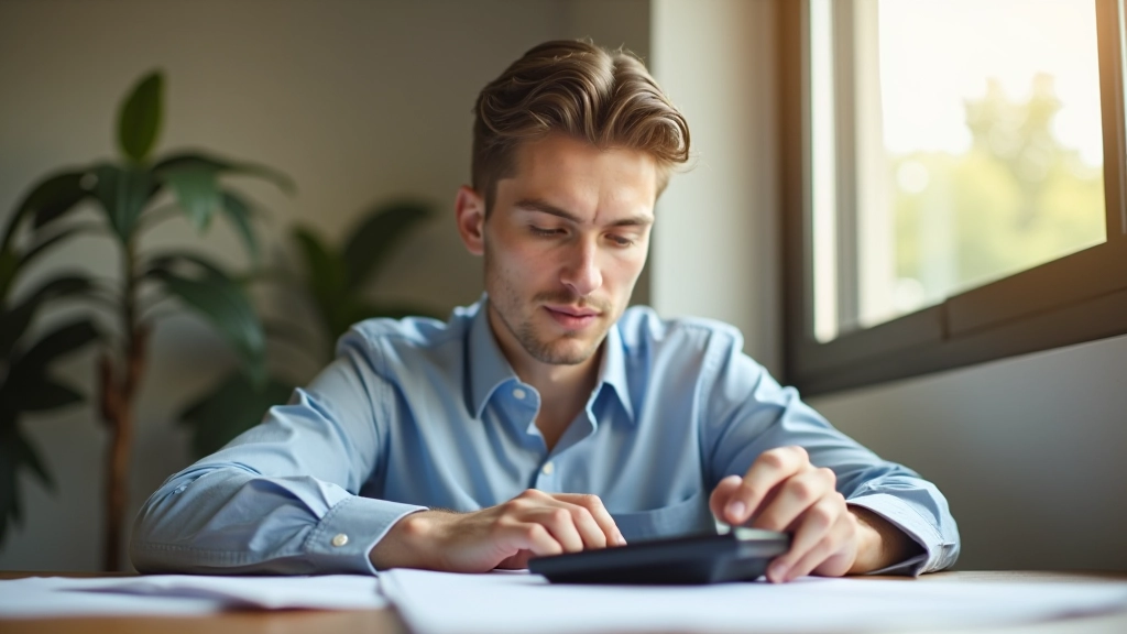 Young professional sitting at desk reviewing monthly budget report with calculator and coffee