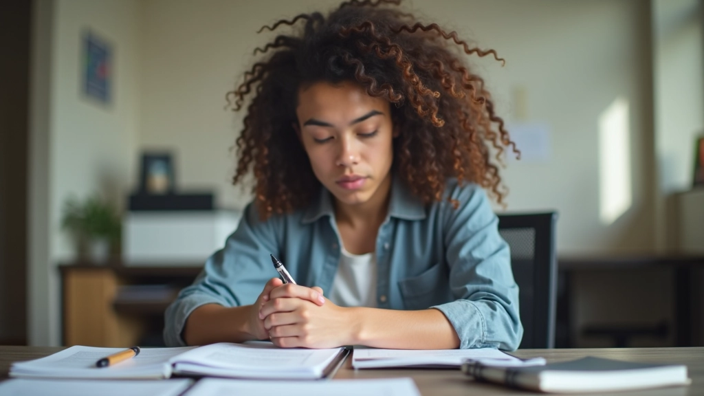 Young professional reviewing budget documents at a desk with notebook and pen